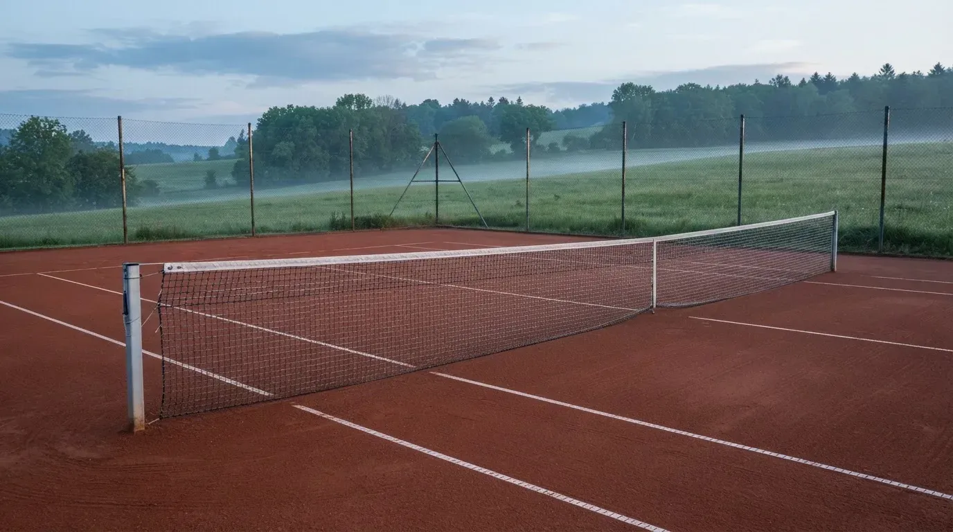 Ein Sandplatz für Tennis liegt bei Morgengrauen leer da, Tau glänzt auf dem Netz, hinter dem Zaun steigen Wiesen an.