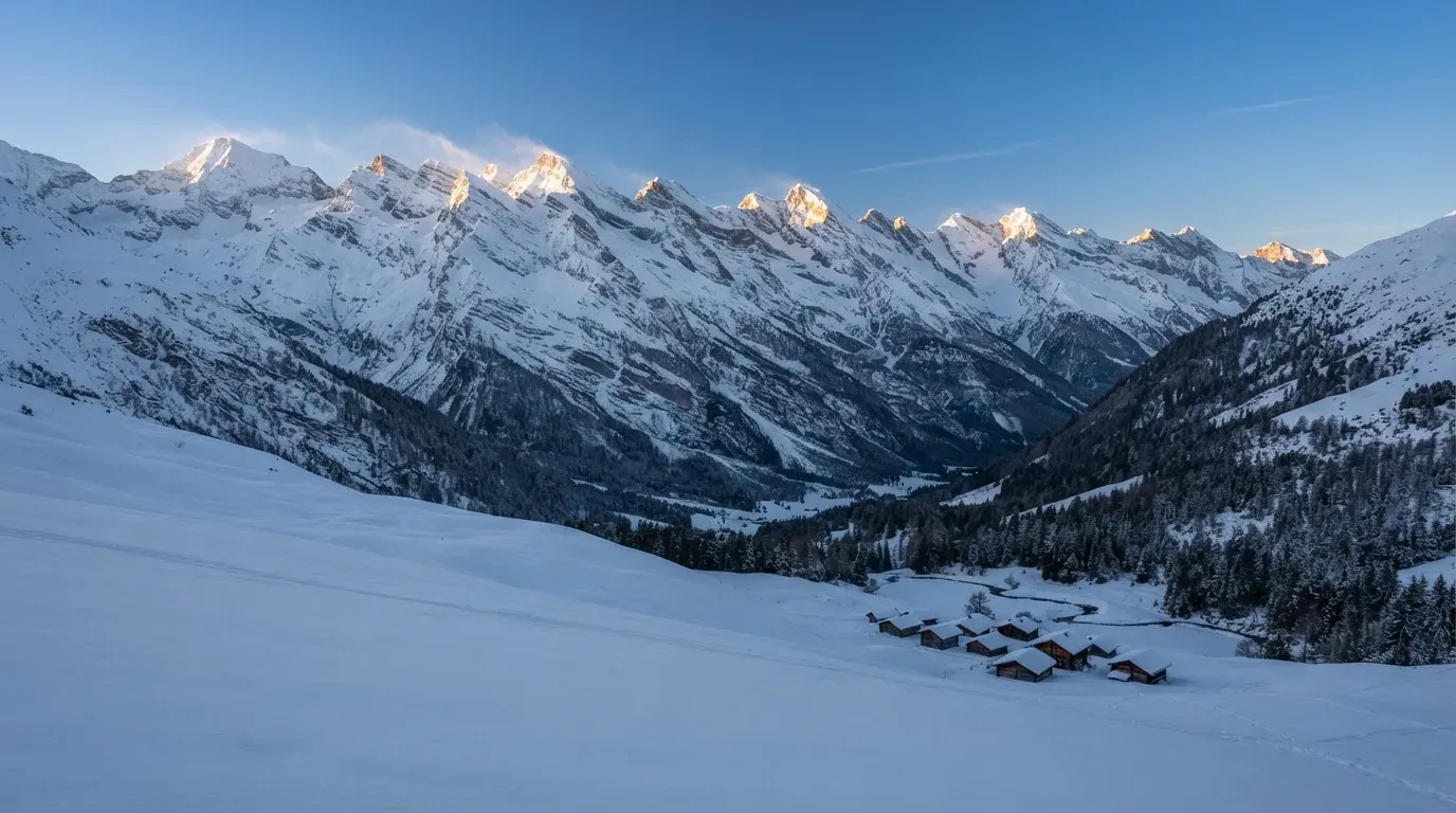 Eine verschneite Bergkette erhebt sich über einem stillen Tal, der Himmel darüber ist klar und von blassem Blau.