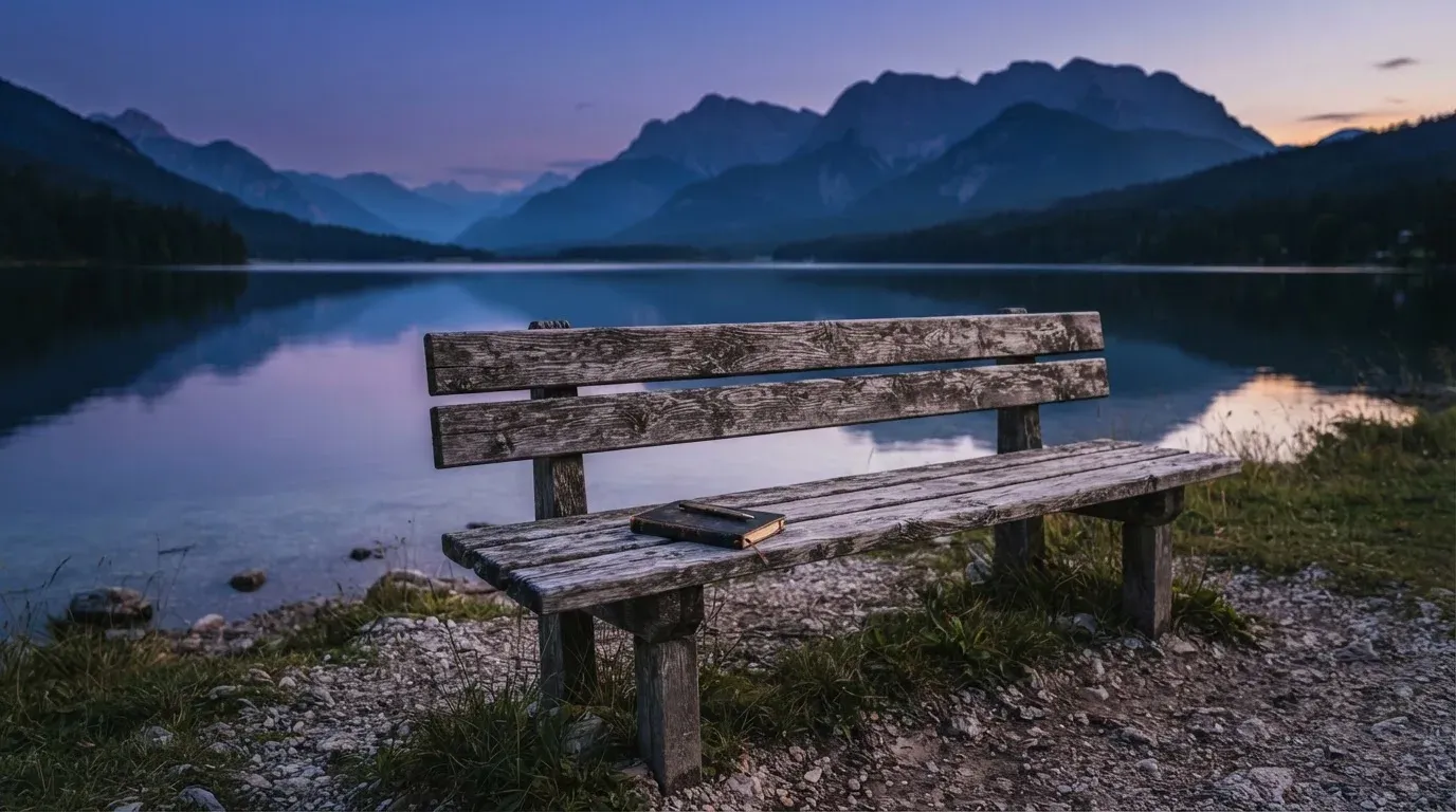 Eine Holzbank steht in der Dämmerung am Seeufer, im Hintergrund zeichnet sich ein Bergpanorama gegen den violetten Himmel ab.