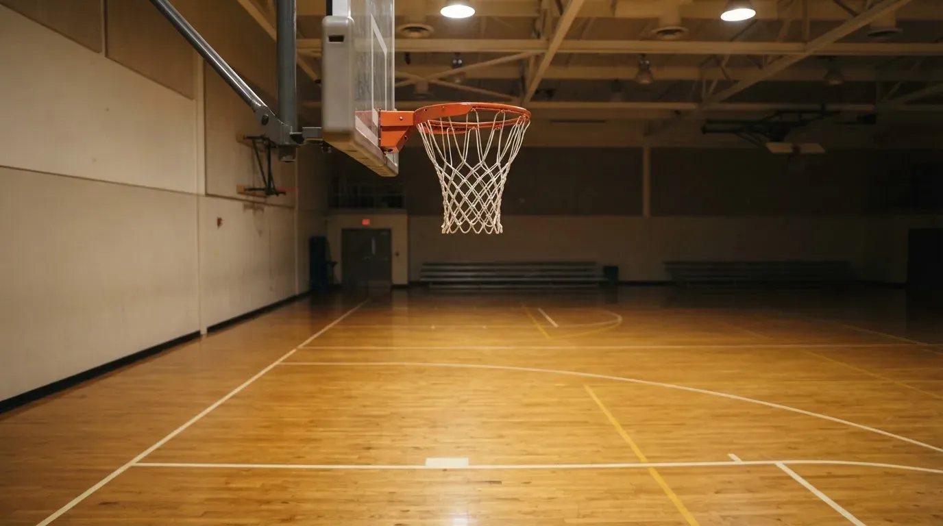 Ein Basketballkorb hängt in einer leeren Halle über einem Holzparkett, von der Decke fällt gleichmässiges Licht auf den Boden.