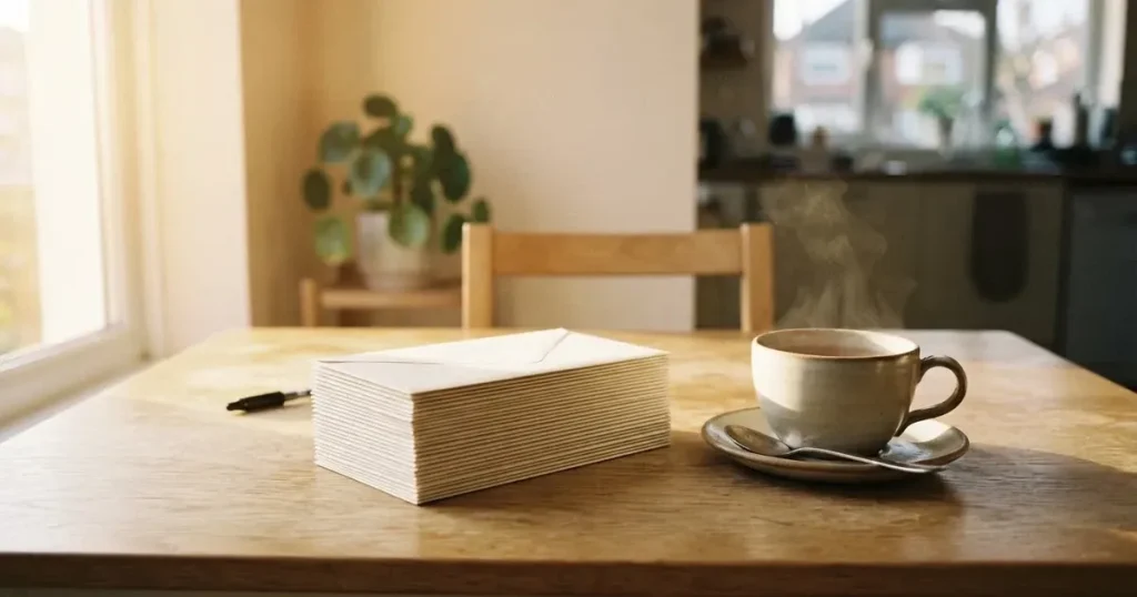 Ein Stapel schlichter Briefumschläge liegt auf einem Küchentisch neben einer Tasse Tee, durch das Fenster fällt Morgenlicht.