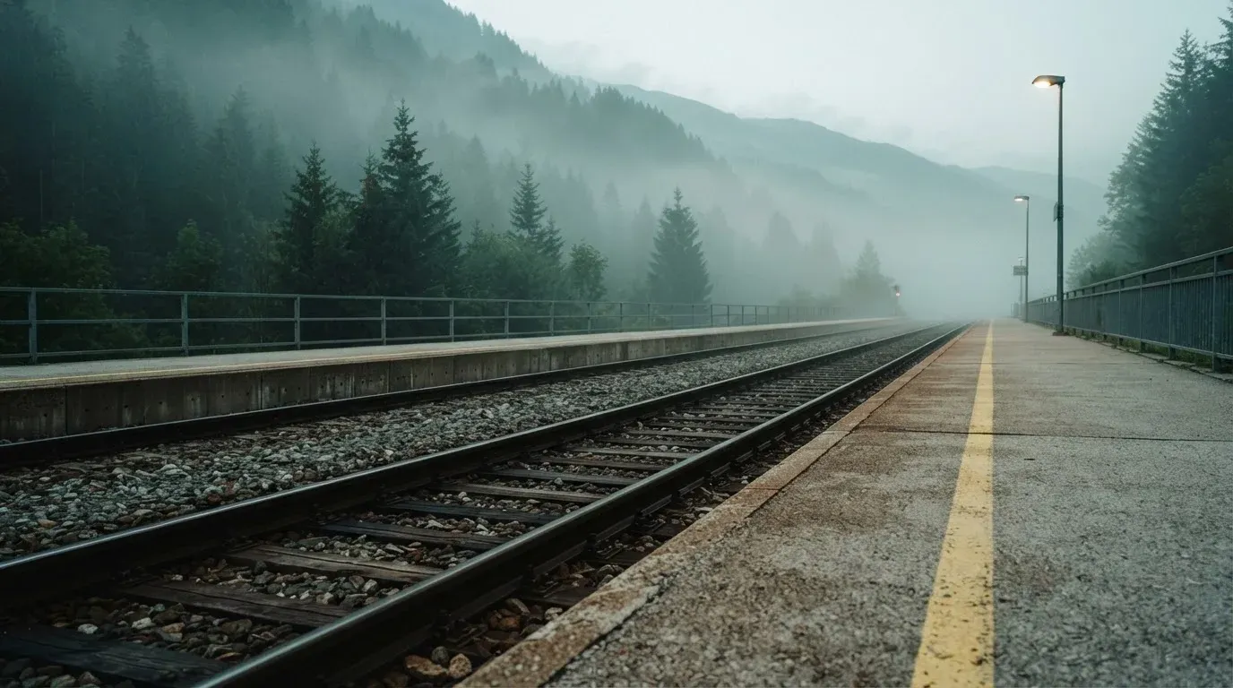 Ein leerer Bahnsteig in den Bergen mit zwei Gleisen, über den Schienen hängt Morgennebel und dahinter ragen dunkle Tannen auf.