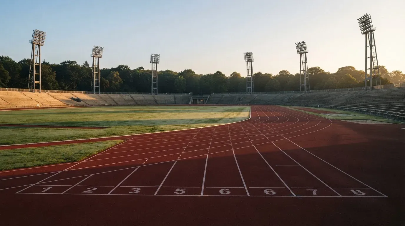 Eine leere Laufbahn mit weissen Bahnlinien liegt im Morgenlicht, rundherum stehen hohe Flutlichtmasten und ein Waldrand.
