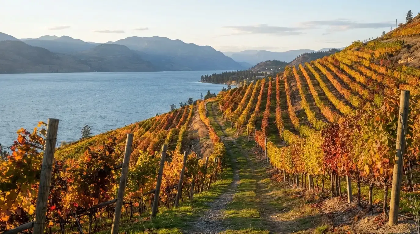 Rebzeilen ziehen sich im Herbstlicht einen Hang über einem See hinunter, die Blätter leuchten gelb und rot.
