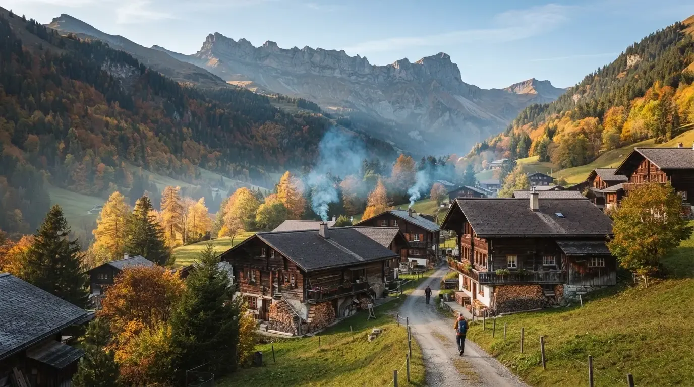 Ein kleines Dorf mit Holzhäusern liegt im Herbst in einem Tal, darüber ragen bewaldete Hänge und ein Bergkamm auf.