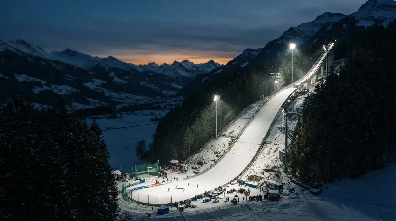Eine Skisprungschanze steht am Abend im Flutlicht, aus der Ferne betrachtet, umgeben von dunklem Tannenwald und leichtem Schnee.