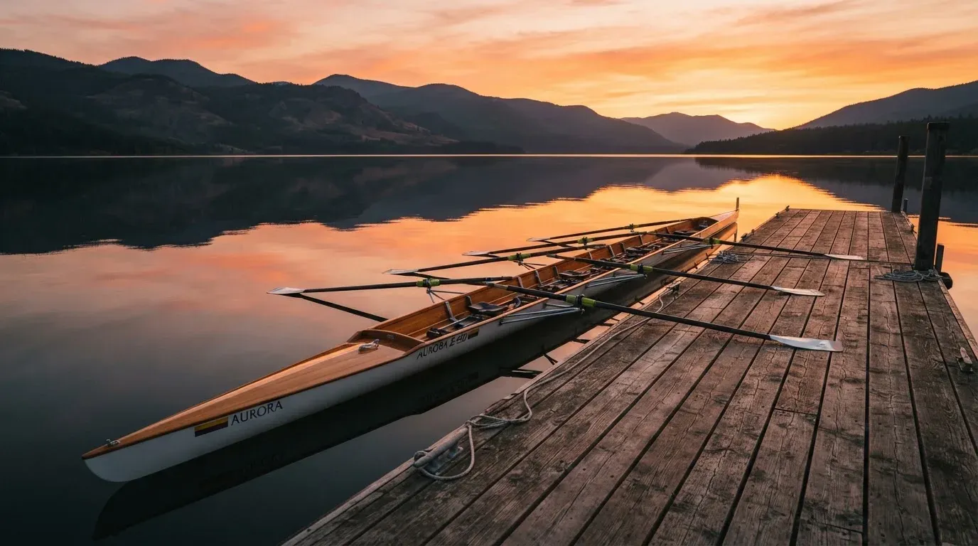 Ein leerer Ruder-Achter liegt bei Sonnenaufgang am Steg eines Sees, das Wasser ist spiegelglatt und der Himmel orange.