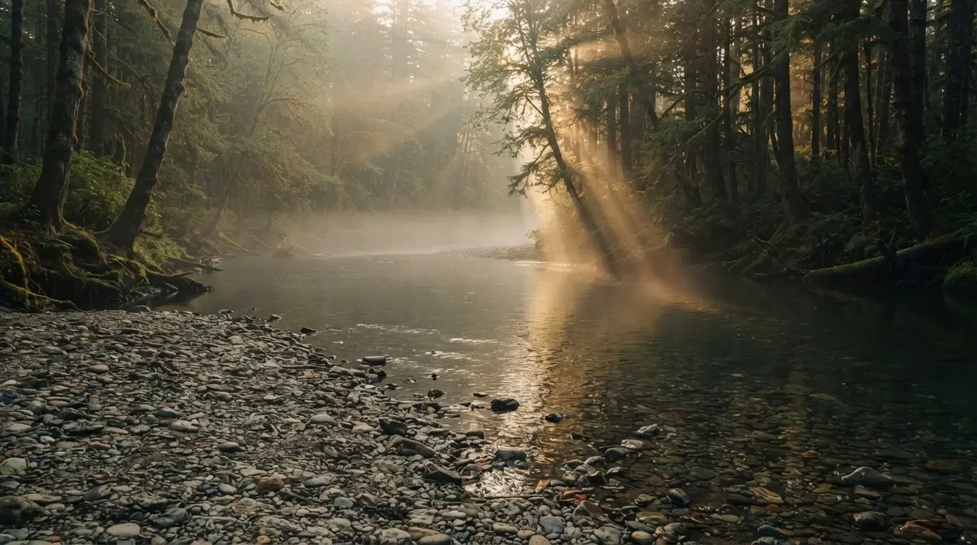 Ein Fluss mit breiter Kiesbank fliesst durch einen Wald, über dem Wasser hängt früher Nebel und Sonnenstrahlen brechen durch.