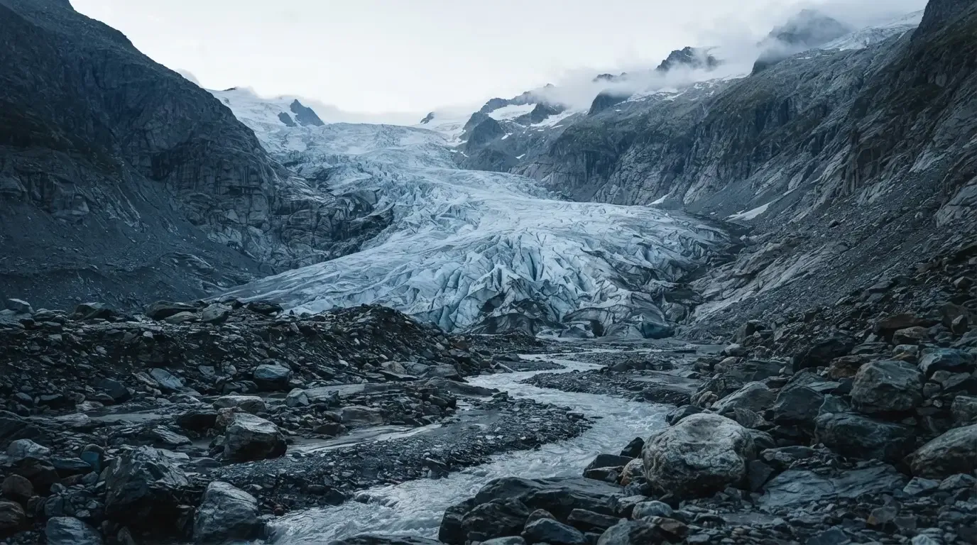 Ein Gletscher schiebt sich zwischen steile Felswände, im Vordergrund liegen Geröll und ein schmaler Bach in kaltem Licht.