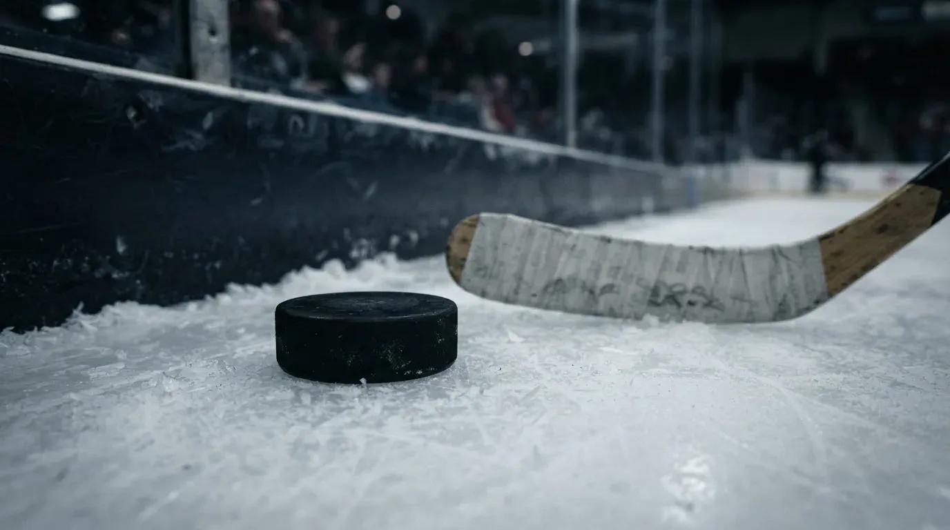 Ein Eishockeypuck liegt auf der Eisfläche neben dem Blatt eines Schlägers, die Bande dahinter ist im Dunkeln nur schwach zu erkennen.