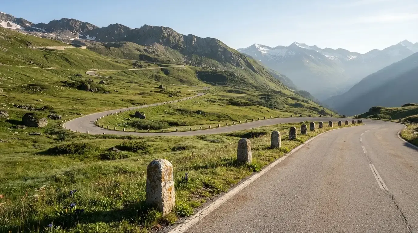 Eine leere Passstrasse mit Serpentinen windet sich im Morgenlicht einen Berg hinauf, am Rand stehen niedrige Steinpfosten.