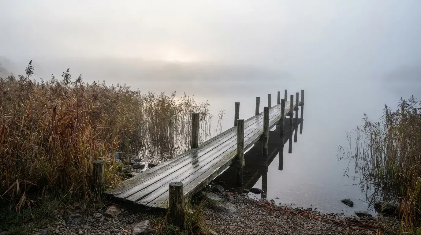 Ein Seeufer mit Schilf und einem schmalen Holzsteg liegt im Nebel, das Wasser ist ruhig und das andere Ufer kaum sichtbar.