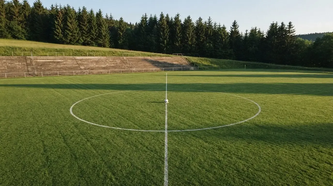 Ein Rasenplatz mit Spielfeldlinien ist von oben gesehen, ein einzelner Ball liegt in der Mitte, rundherum stehen leere Tribünen und Tannenwald.