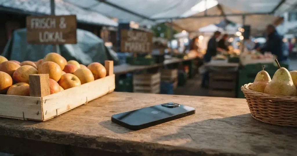 Ein Smartphone mit dunklem Display liegt auf dem Holztisch eines Marktstands zwischen Äpfeln und Birnen, morgendliches Licht fällt durch eine Plane.