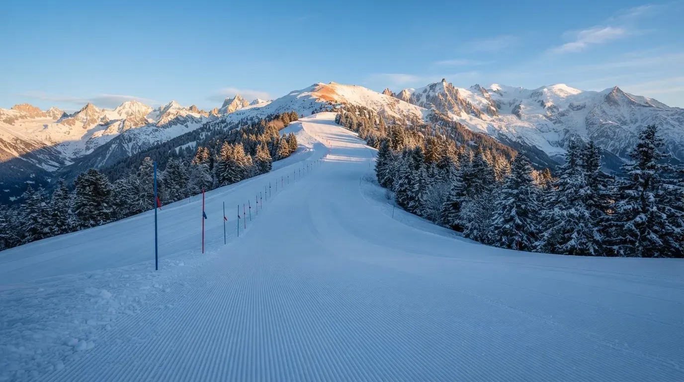 Eine frisch präparierte Skipiste liegt im Morgenlicht leer da, am Rand stehen verschneite Tannen und im Hintergrund Gipfel.