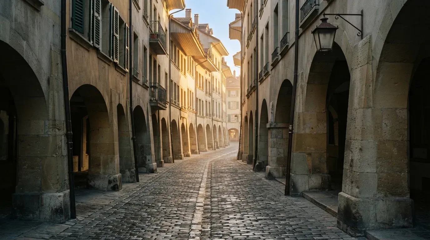 Eine kopfsteingepflasterte Gasse mit Arkaden in einer Schweizer Altstadt im frühen Morgenlicht, niemand ist unterwegs.