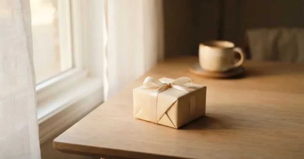 Eine kleine Geschenkschachtel mit schlichtem Band steht auf einem hellen Holztisch neben einem Fenster mit Morgenlicht.