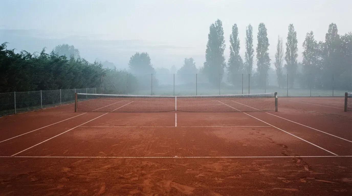 Ein Tennisplatz im Morgengrauen mit gespanntem Netz und feinem Dunst über der roten Asche.