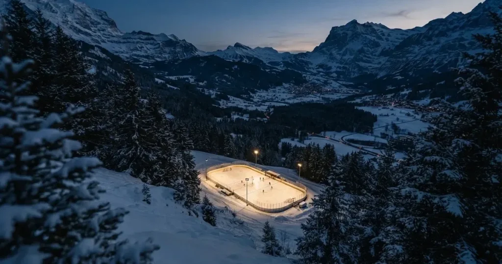 Eine Eisfläche unter Flutlicht in der Winterdämmerung, aus grosser Distanz von einem verschneiten Hang aus gesehen.