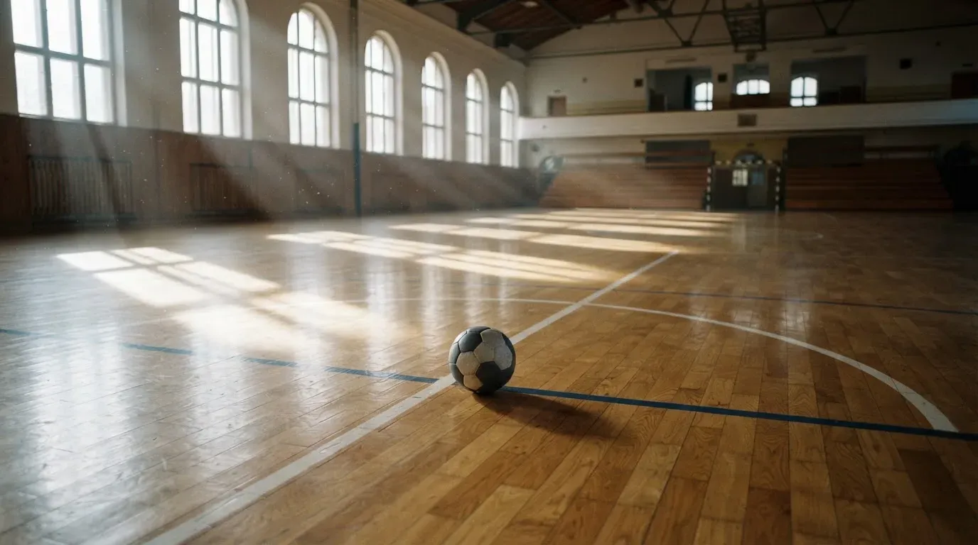 Der Boden einer Sporthalle aus poliertem Parkett mit einem einzelnen Handball in der Mitte, Licht fällt durch hohe Fenster.