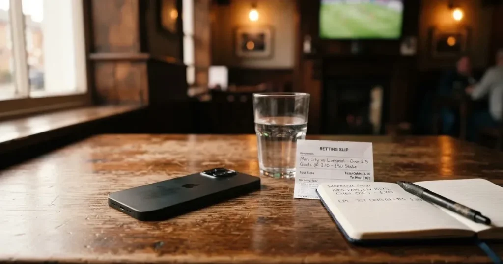 Ein Smartphone liegt mit dem Display nach unten auf einem Holztisch neben einem Wasserglas.