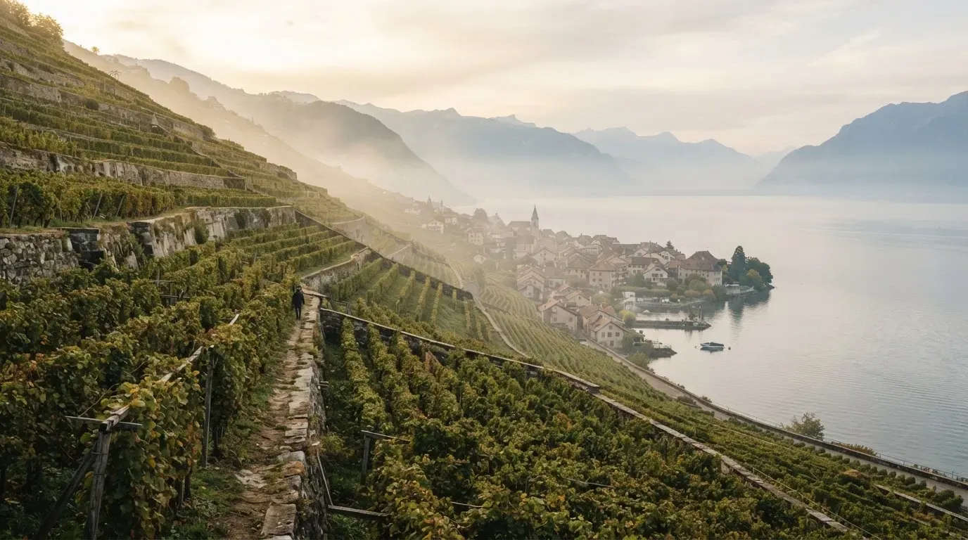 Terrassierte Weinberge über einem See im Morgendunst, am Ufer liegt ein kleines Dorf.