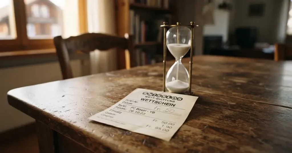 Ein kleiner Stapel Münzen neben einer Sanduhr auf einem Holztisch im weichen Fensterlicht.