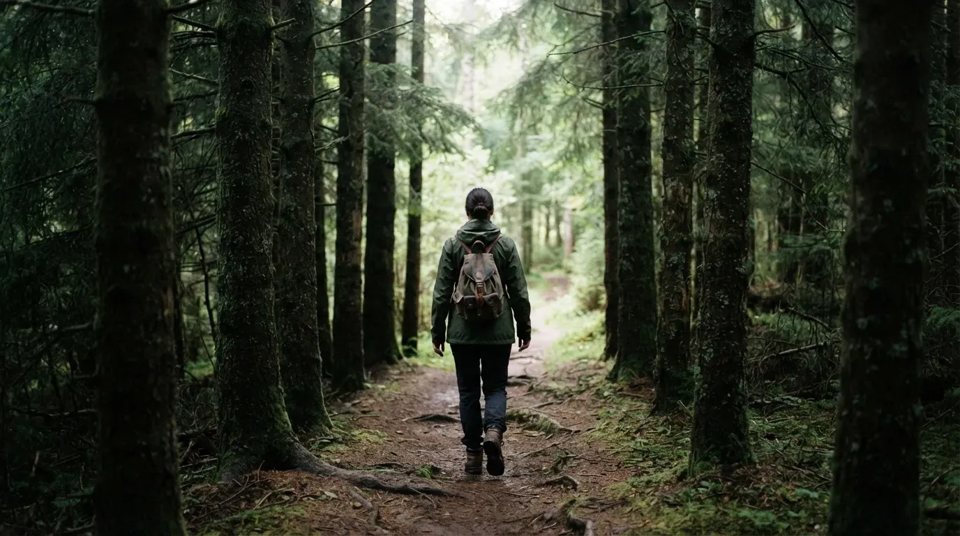 Eine Person von hinten auf einem Waldweg, die langsam zwischen hohen Tannen geht.