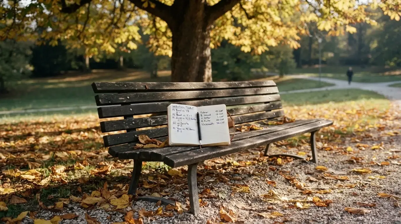 Eine Parkbank unter einer Kastanie im Herbst, auf dem Kiesweg liegen gelbe Blätter.