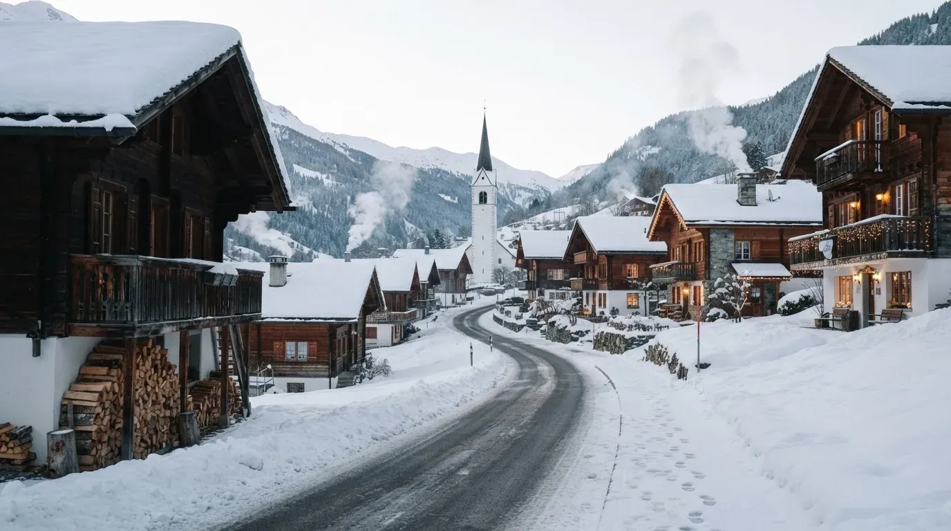 Eine verschneite Dorfstrasse mit Kirchturm im Hintergrund, Rauch steigt aus den Kaminen.