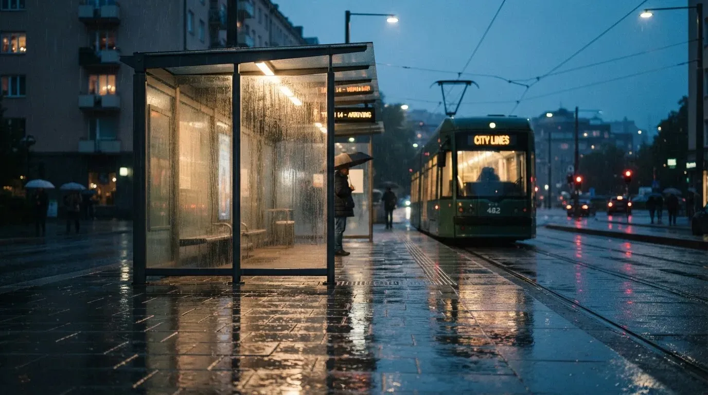Eine Tramhaltestelle in einer Schweizer Stadt bei Regen, nasses Pflaster spiegelt das Licht.