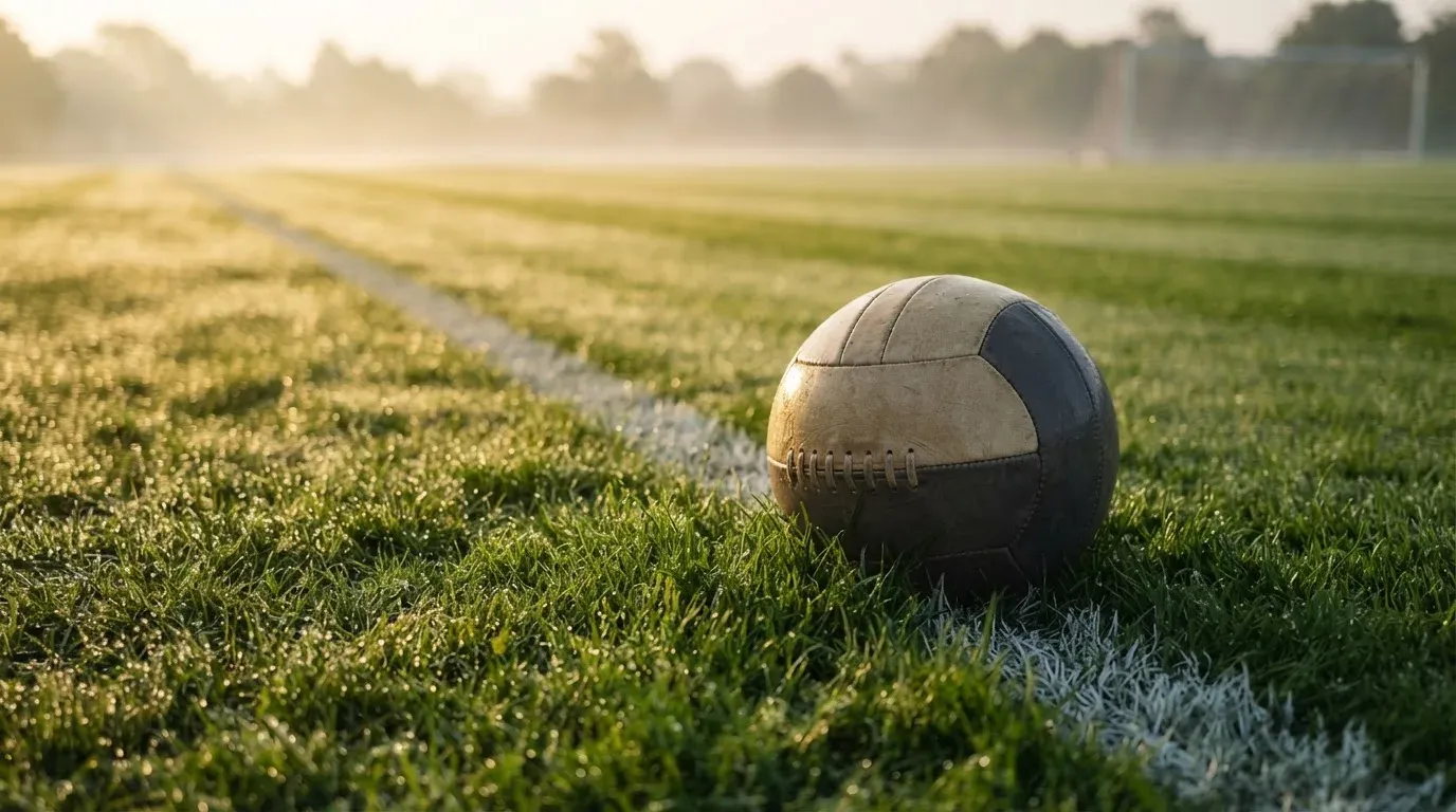 Ein Fussball ruht an der Seitenlinie im taufeuchten Gras, die ersten Sonnenstrahlen fallen schräg über den Platz.