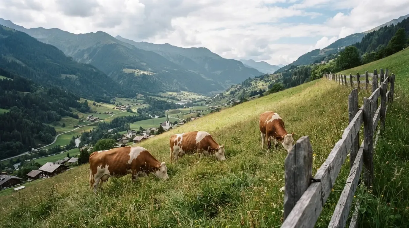 Eine Alpwiese mit weidenden Kühen und einem Holzzaun unter wolkigem Himmel.