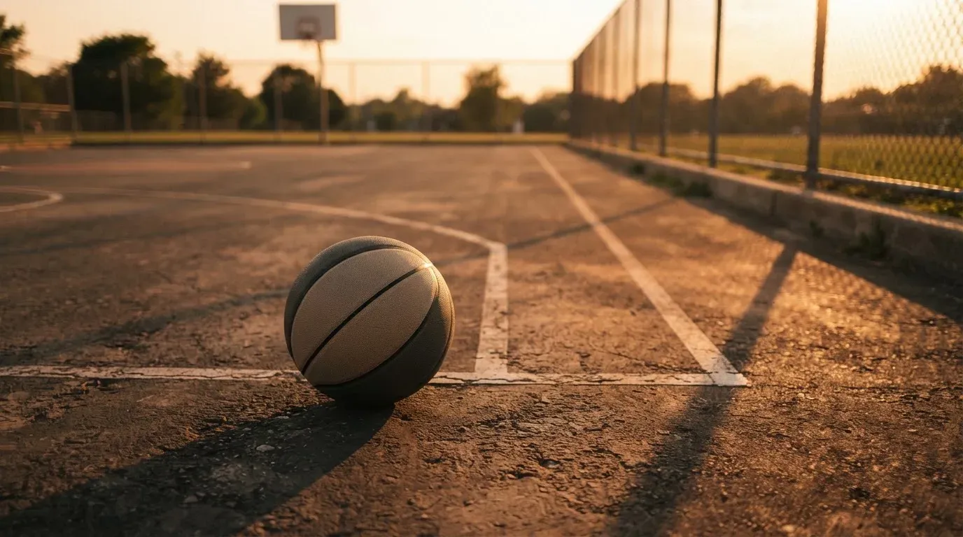 Ein Basketball liegt bei Sonnenuntergang auf einem leeren Aussenplatz, lange Schatten fallen über den Boden.