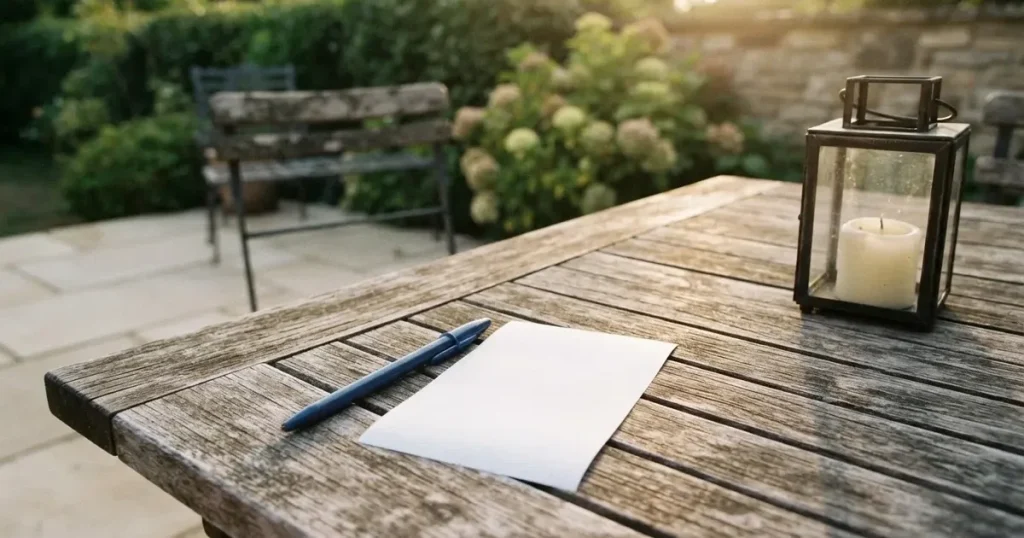 Ein leeres Wettschein-Papier und ein Kugelschreiber liegen auf einem Gartentisch auf einer Terrasse, daneben steht ein Windlicht.