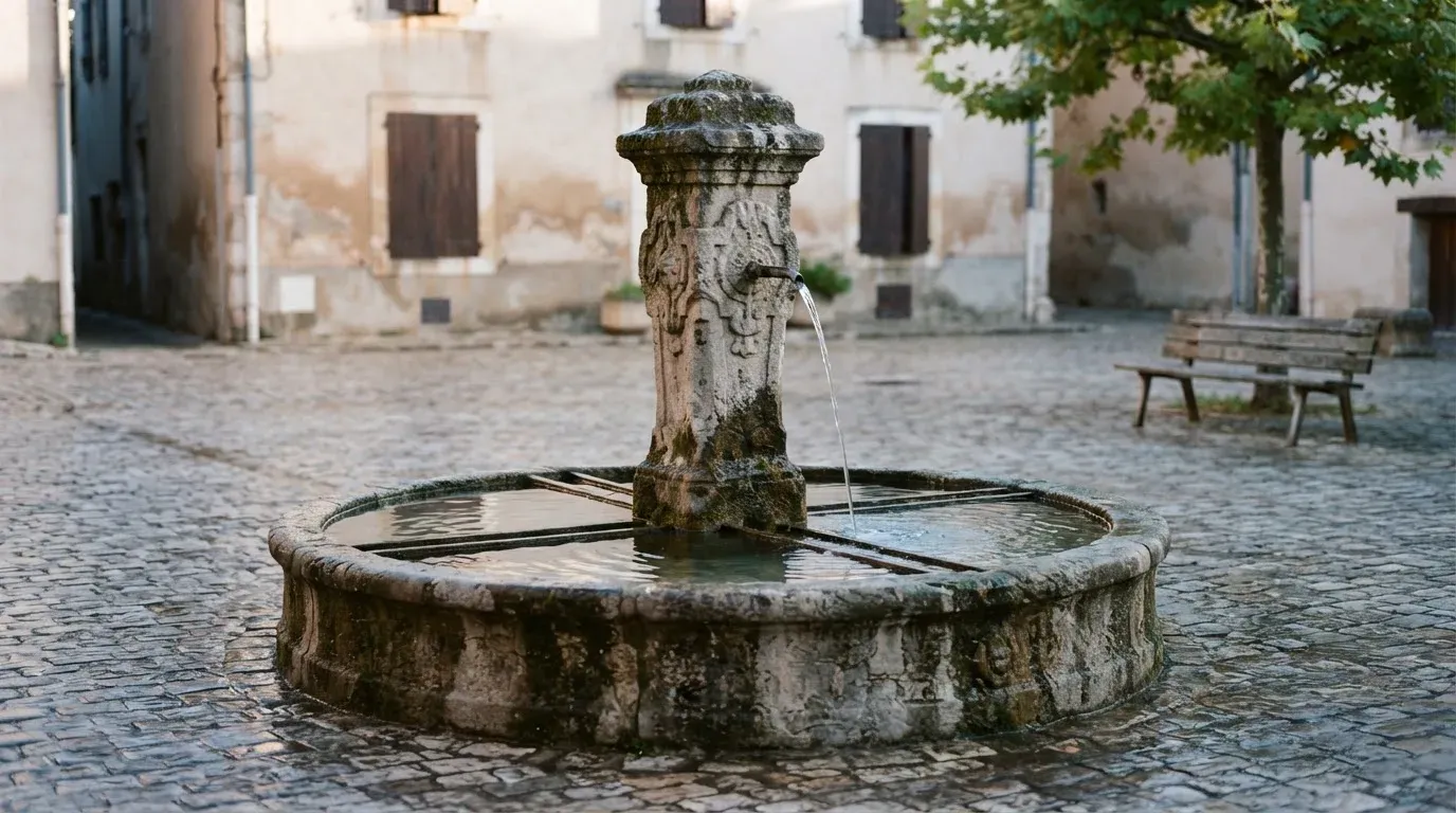 Ein Steinbrunnen auf einem stillen Dorfplatz im ersten Morgenlicht, Wasser fliesst ruhig in das Becken.