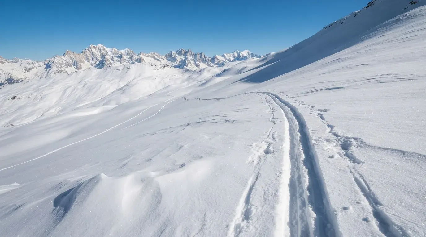 Skispuren im frischen Schnee an einem sonnigen Hang vor blauem Himmel.