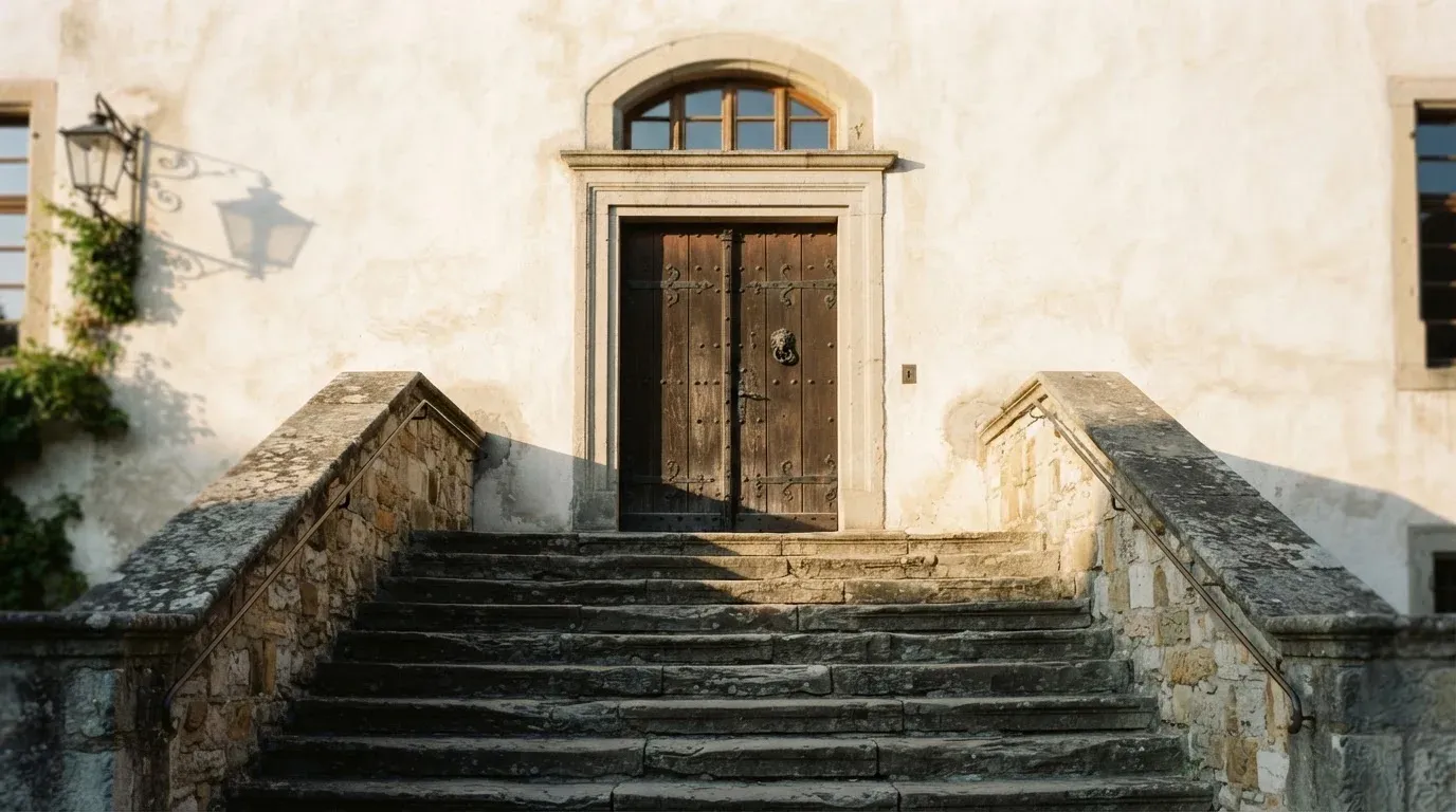 Eine Steintreppe führt zu einer schweren Eichentür in einer hellen Fassade, die Stufen liegen im Morgenschatten.