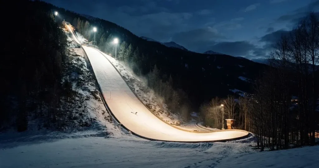 Eine Skisprungschanze im Flutlicht, aus dem Tal gesehen, der Hang liegt im Schnee.