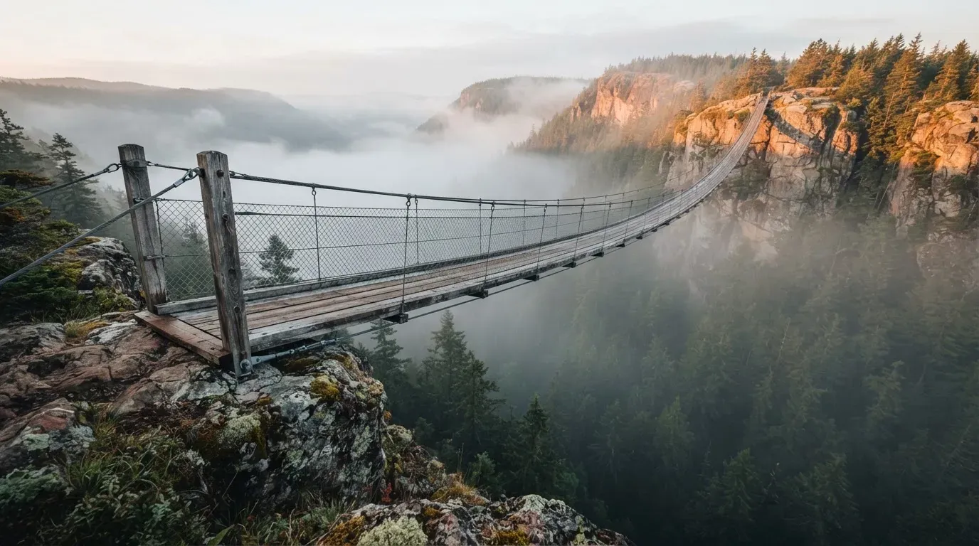 Eine Hängebrücke über eine tiefe Schlucht, aus dem Wald darunter steigt Nebel auf.