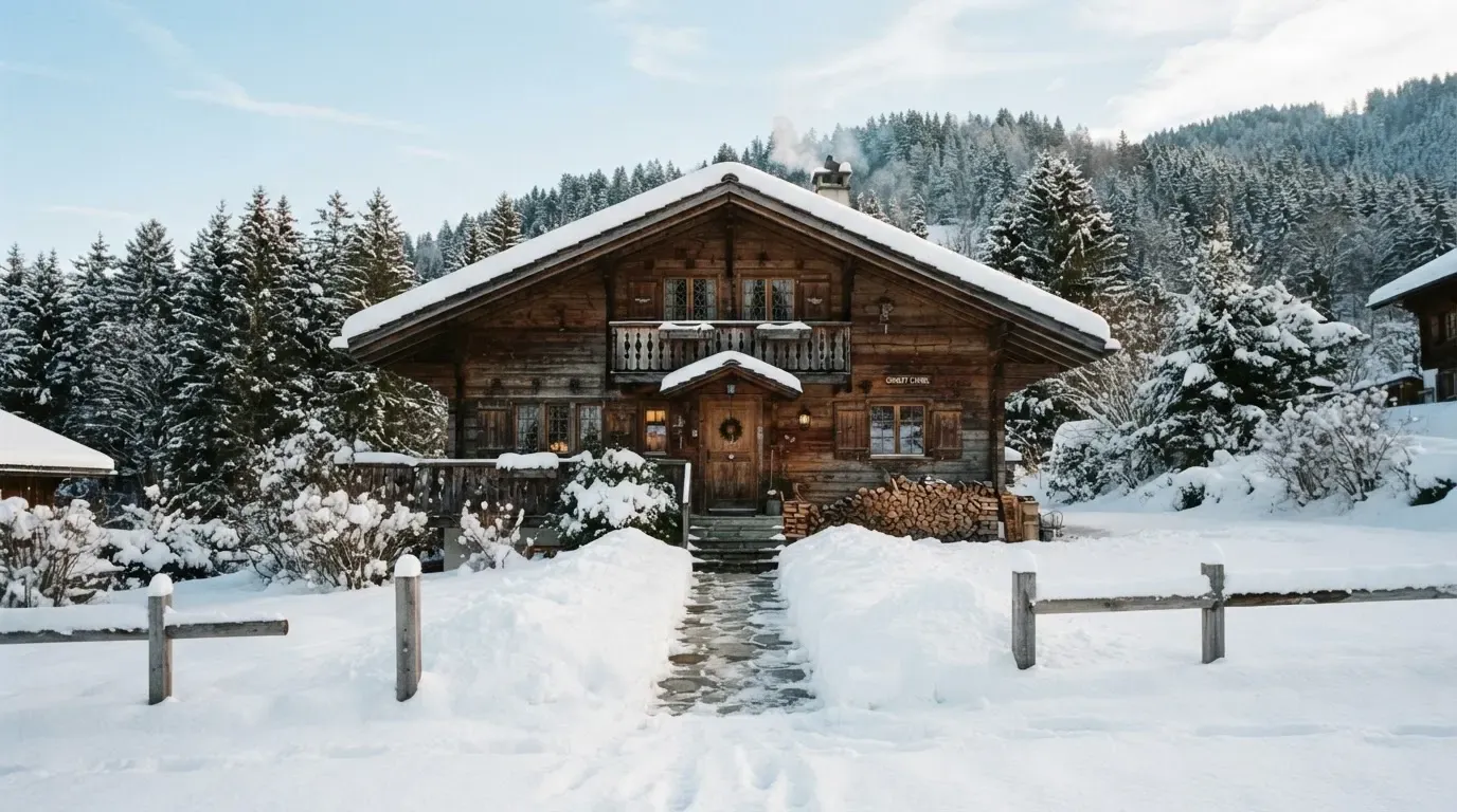 Ein Holzchalet mit Schnee auf dem Dach im klaren Sonnenlicht, davor ein geräumter Weg.