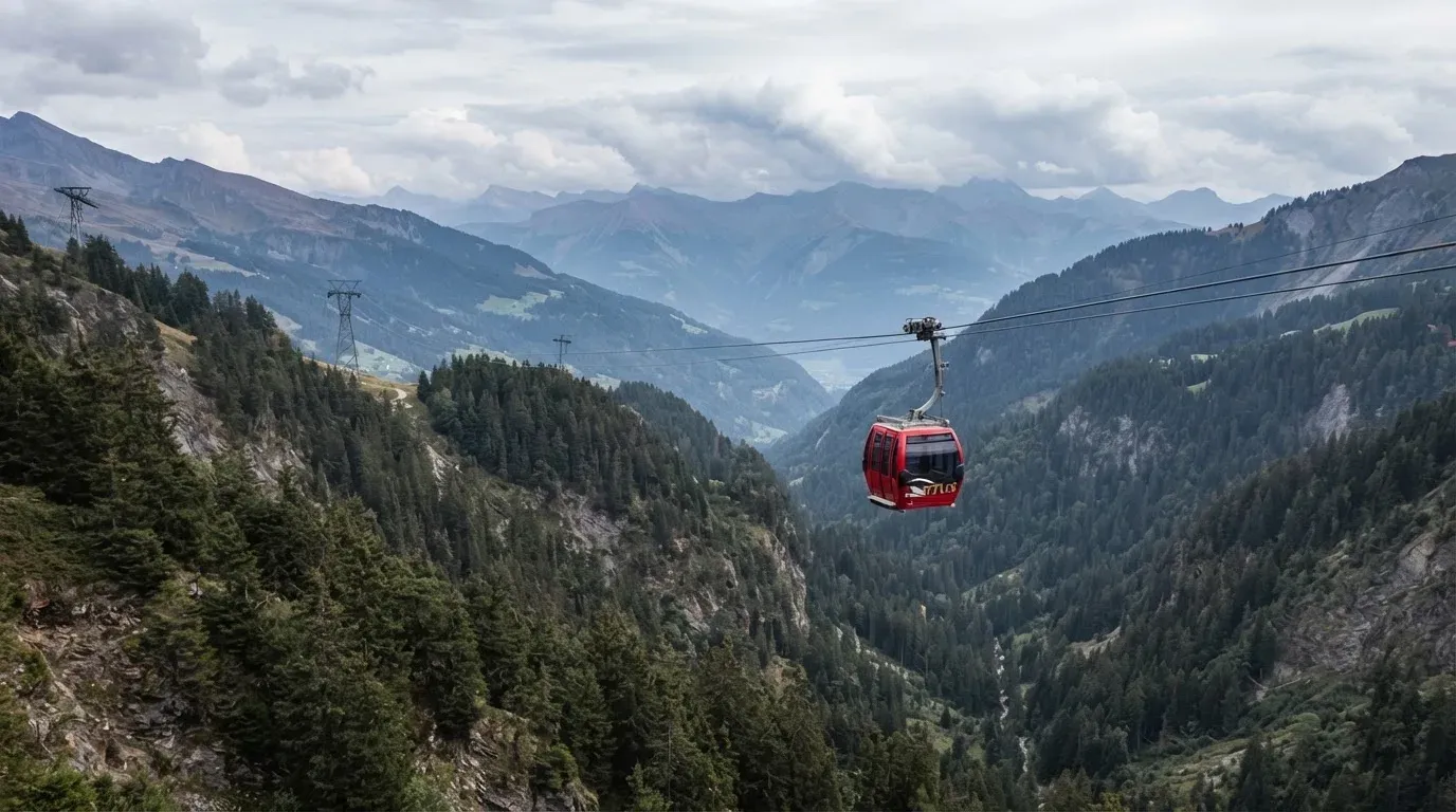 Eine Gondel einer Seilbahn schwebt über einem Tal mit Nadelwald, dahinter ziehen Wolken auf.