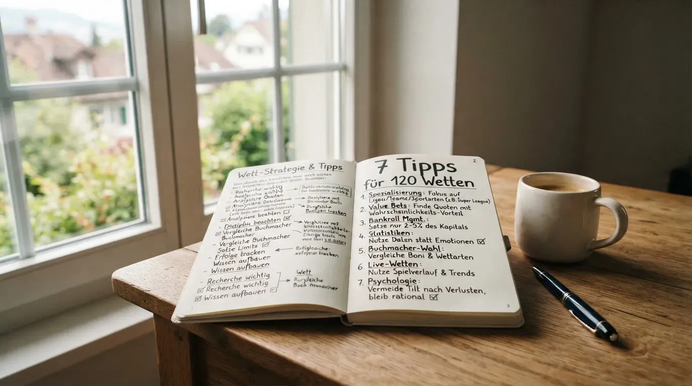 Ein aufgeschlagenes Notizbuch mit handschriftlichen Pfeilen und Kästchen liegt neben einer Kaffeetasse auf einem Schreibtisch am Fenster.