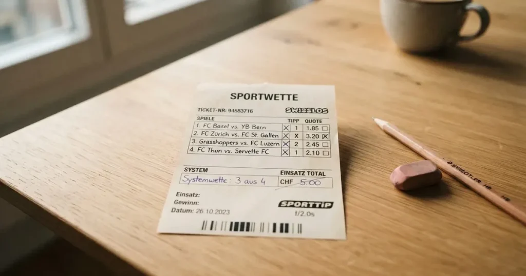 Ein leerer Wettschein aus Papier liegt neben einem Bleistift und einem Radiergummi auf einem hellen Holztisch im Tageslicht.