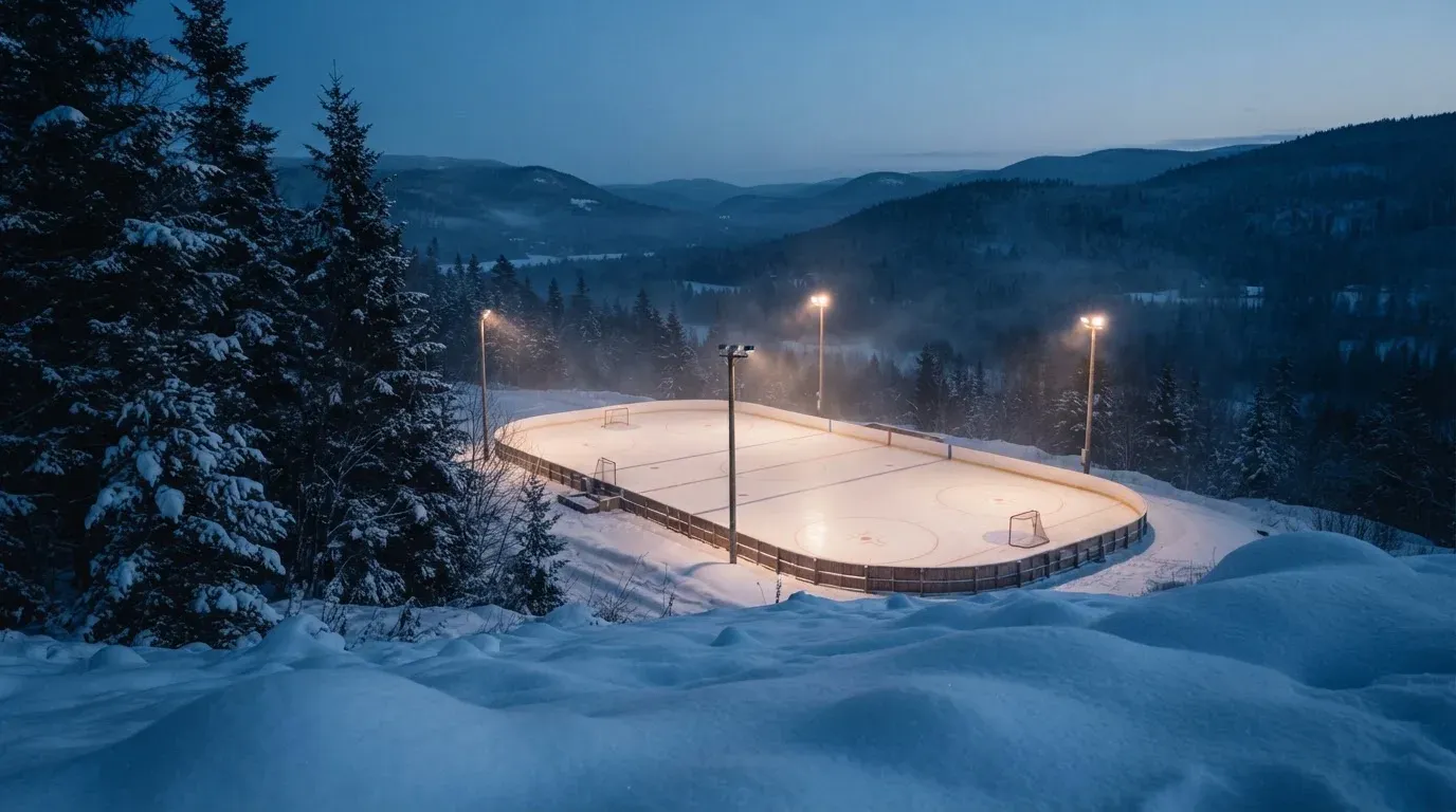 Aus der Ferne ist eine Eisbahn unter Flutlicht in der Winterdämmerung zu sehen, am Rand liegt frischer Schnee.