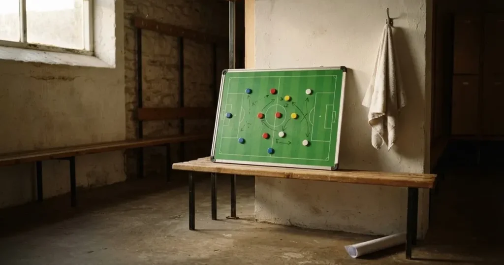 Eine Taktiktafel mit farbigen Magnetfiguren auf grünem Feld steht in einer leeren Kabine, neben ihr hängt ein Handtuch.