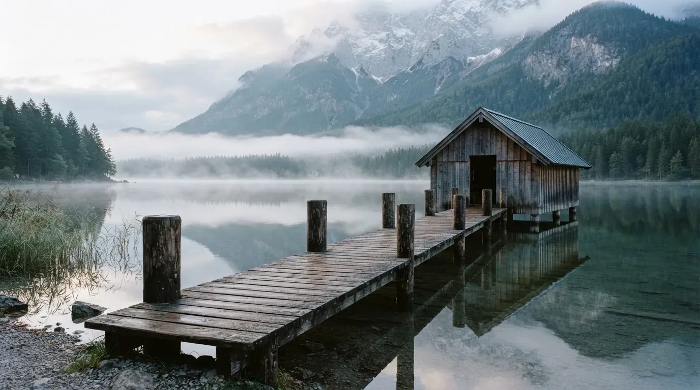 Ein Holzsteg führt über einen ruhigen Bergsee zu einem kleinen Bootshaus, über dem Wasser hängt Morgennebel.