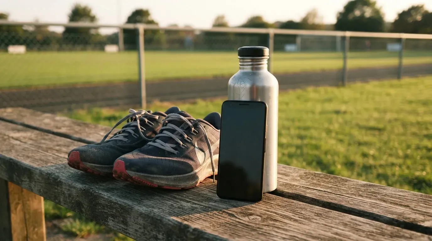 Ein Smartphone mit dunklem Bildschirm lehnt an einer Wasserflasche, daneben stehen Laufschuhe auf einer Bank am Sportplatz.