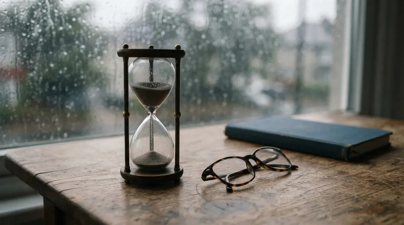 Eine Sanduhr steht auf einem Holztisch neben einer Brille, hinter dem Fenster laufen Regentropfen über das Glas.