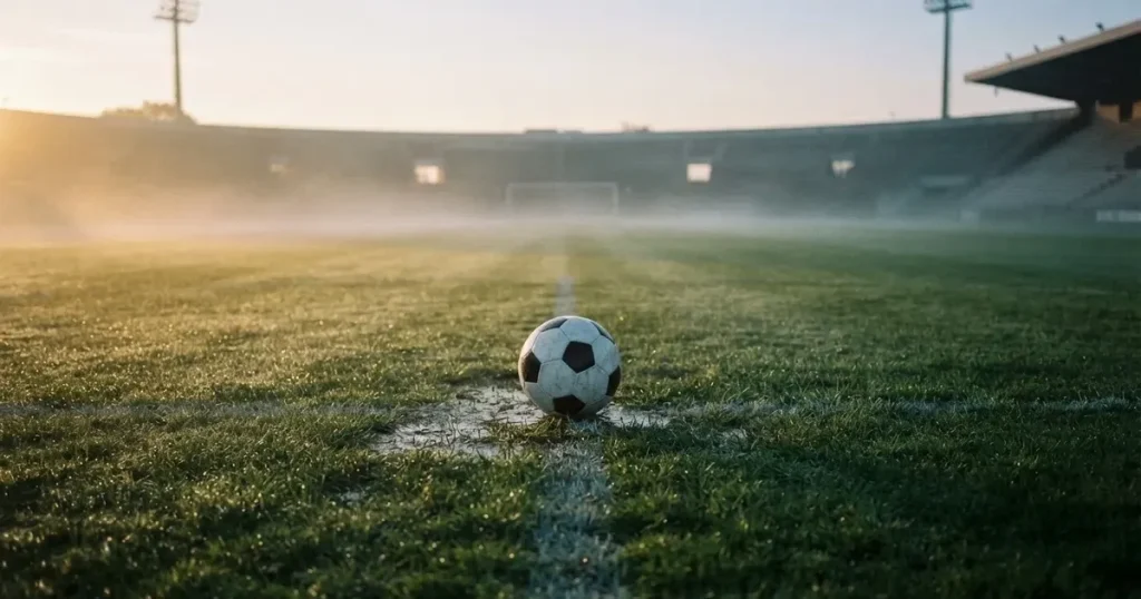 Ein Fussballplatz im Morgennebel, im Mittelkreis liegt ein einzelner Ball und der Rasen glänzt vom Tau.